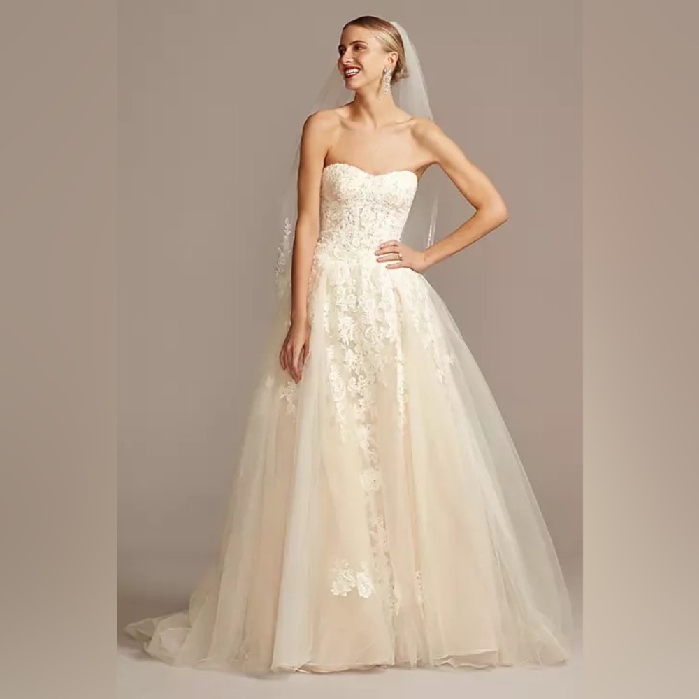 DAVID'S BRIDAL Sheer Lace Tulle Ball Gown Wedding Dress White Ivory WG3861 Sz 8